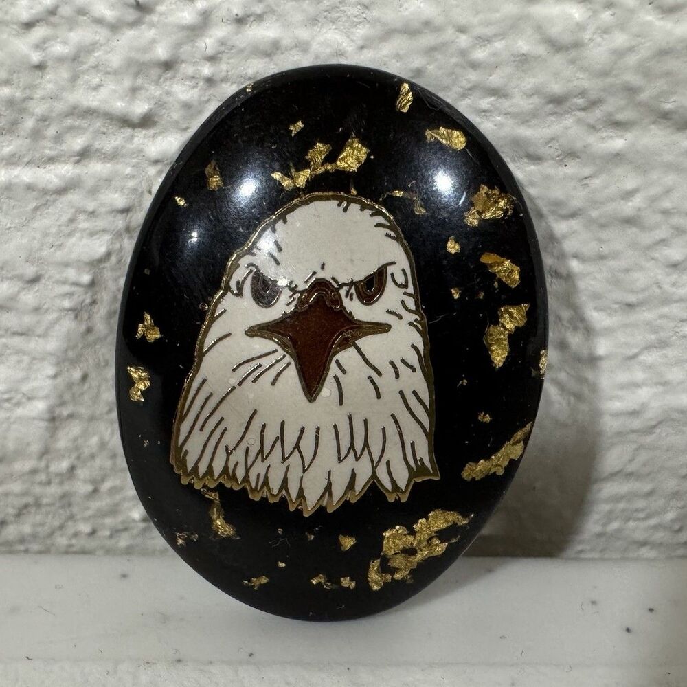 Handmade Black Oval Eagle Pendant Stone with Gold Flakes Unique Art Object 1.5”